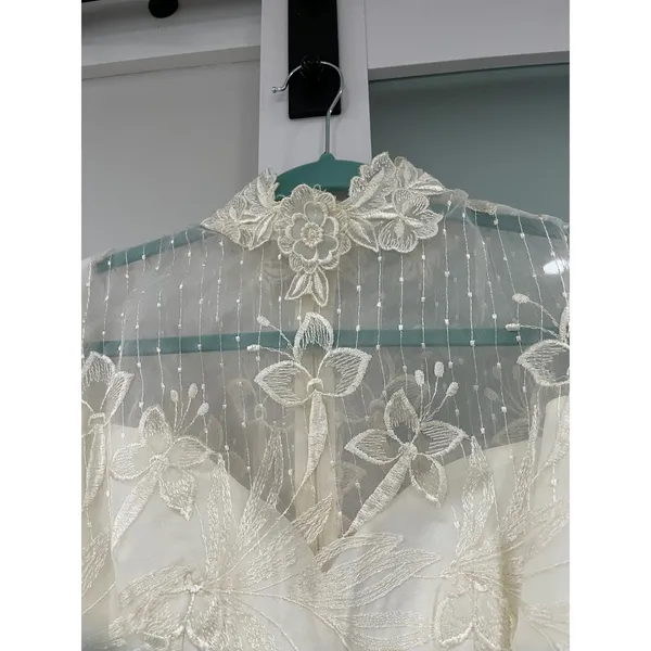 Vintage 80s‎ Victorian Revival Wedding Dress Ivory High Neck Sheer Lace Illusion - Image 6