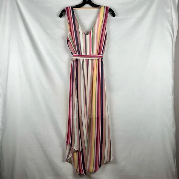 BCX Stripe V-neck Belted Maxi Dress Large - Image 3