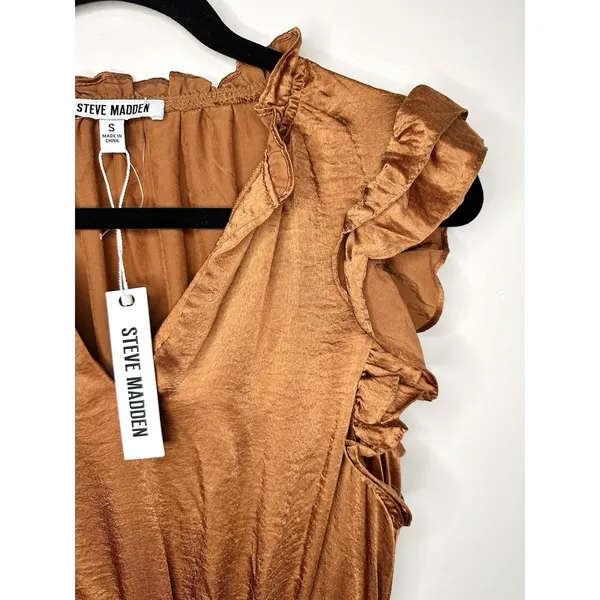 NWT Steve Madden Prairie Dreams Mini‎ Dress Apricot Satin Ruffle Smocked Small S - Image 7