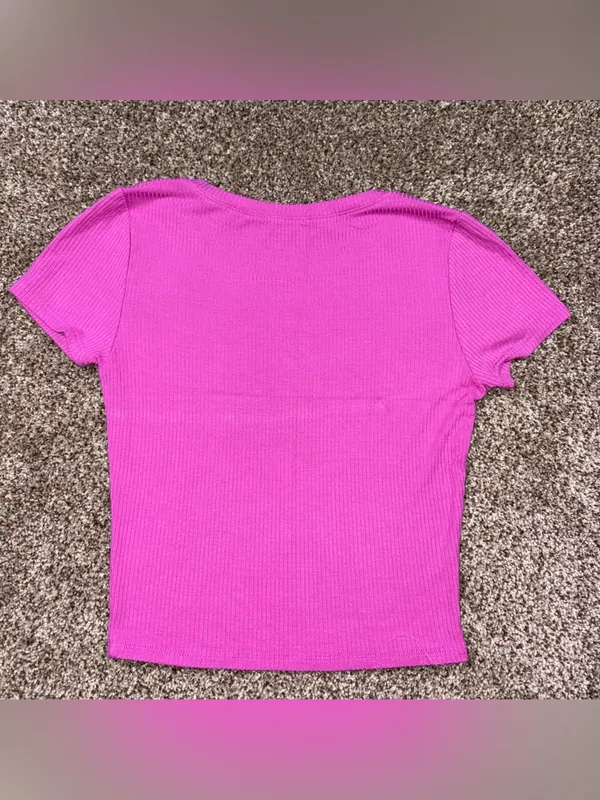 Bozzolo Ribbed Crewneck Short Sleeve Top in Bright Pink - Image 3