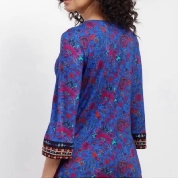 Soft Surroundings Blue Tamuri Embroidered Beaded Boho Tunic Top‎ Size M - Image 2