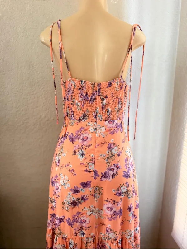 Lulus women’s Started With a Kiss Orange Floral Print Tie-Strap Tiered Dress L - Image 9