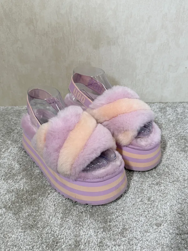 UGG Women’s Disco Stripe Combo Fluff Primrose Pink Slide Flatform 7 - Image 2