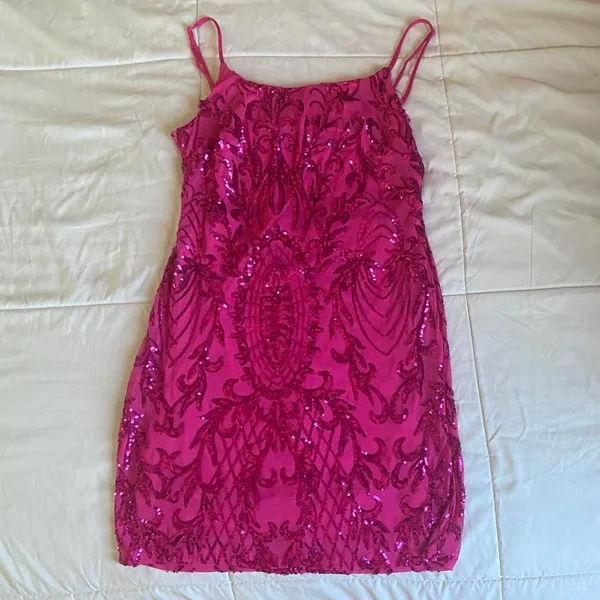 Hot Pink Sequins Dress Size L - Image 3