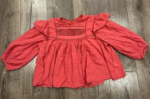 Free People Laura Western Top Red Berry Size XS Boho Embroidered FLAW Repaired - Image 14