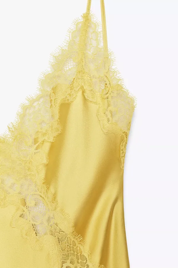 Zara Lace-Trim Slip Satin Maxi Dress in Mustard Chartreuse Yellow - Image 8
