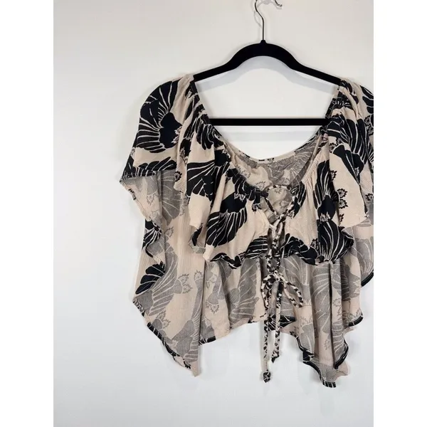 Free People Womens Top Beige Merpati Print Off The Shoulder Drapey Blouse Small - Image 7