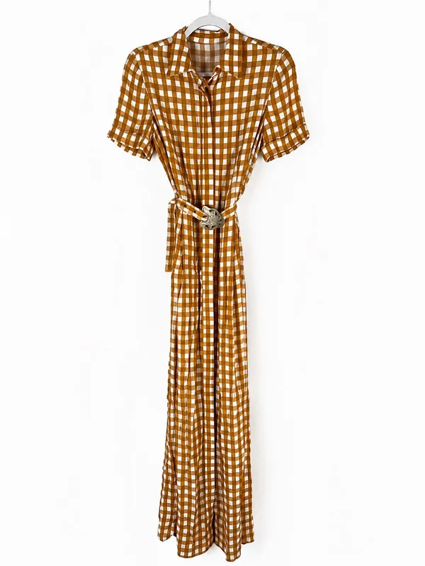 Uterqüe Mustard Gingham Maxi‎ Dress Orange - Image 3
