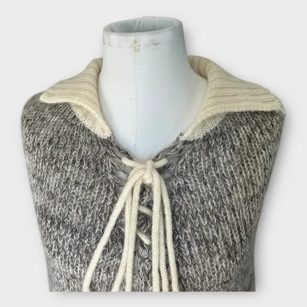 Vintage 70s Knitted Poncho MKM Designs Tie & Collar Medium Retro Boho Hippie - Image 11