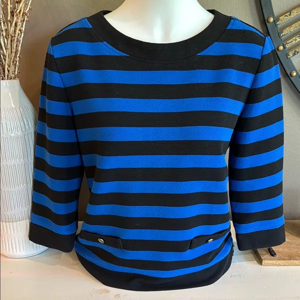 KARL LAGERFELD Vintage Blue & Black Stripe Knit Top Small Designer Grandmacore - Image 4