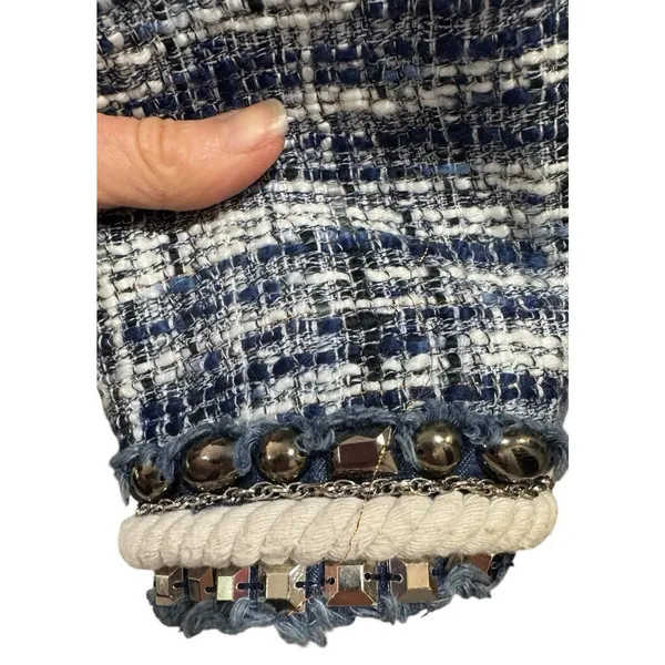 Boston Proper Blue Tweed Jacket Blazer Size 8 Bead Accents Rope Trim - Image 12