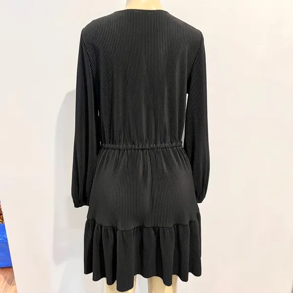 Zara Pleated Dress Sz M Black Long Sleeves V-neck Mini - Image 6