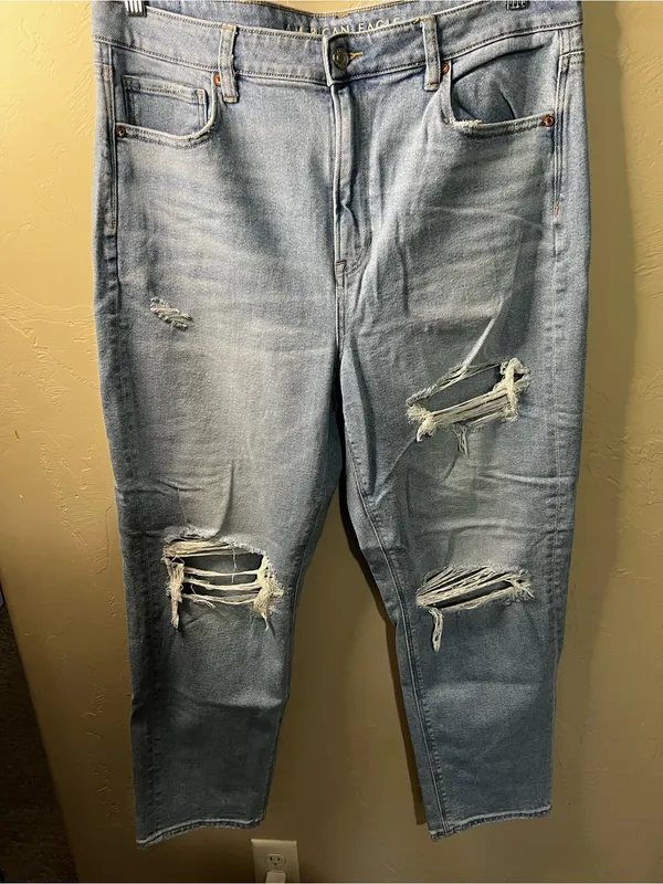 American Eagle Mom Straight High Rise Distressed Light Wash Denim Jeans - Image 2