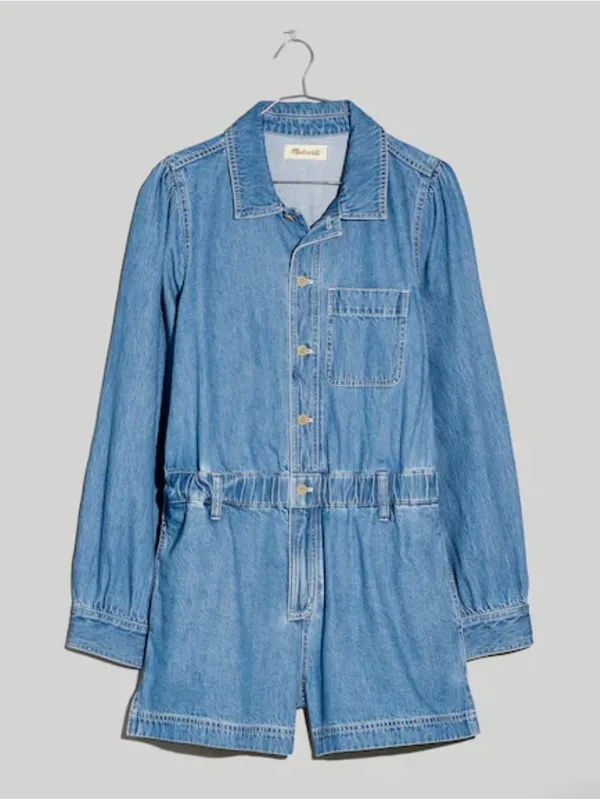 Madewell Denim Long-Sleeve Button-Front Cotton Romper in Rushland‎ Wash Size XXL - Image 4