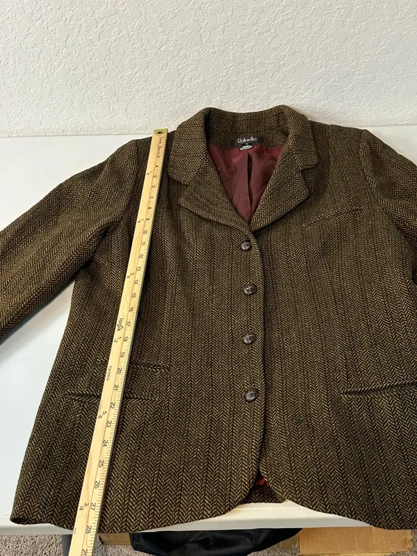 Vintage 2000s Rafaella Women’s Brown Herringbone Tweed Wool Blazer Size 16 - Image 4