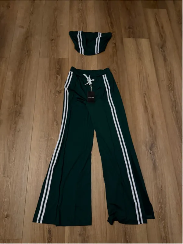 NEW 2 Pc Outfit Strapless Striped Crop Top & High Waist Wide Leg Pant S - Image 4