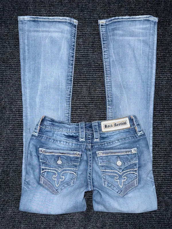 Y2K Rock Revival Lang Low Rise Bootcut Jean Light Wash Embroidered Distressed 25 - Image 2