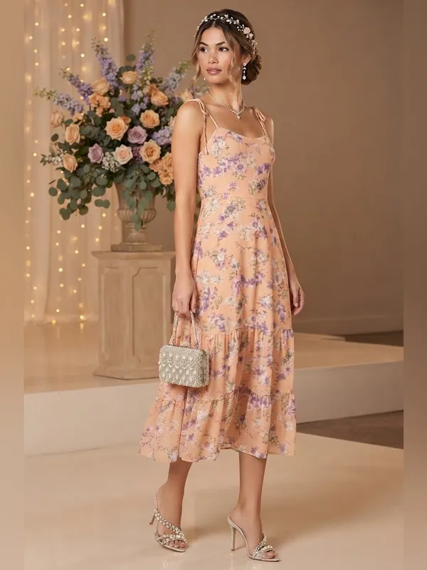 Lulus women’s Started With a Kiss Orange Floral Print Tie-Strap Tiered Dress L - Image 4