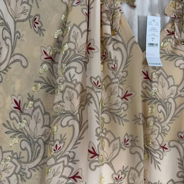 White‎ House Black Market Size-L Ruffle Neck Blouse Lush Lace Gold Floral - Image 10