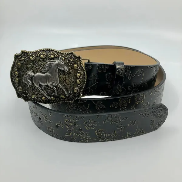 Women's Black Faux Leather Western Belt w/ Horse Buckle, 36.5-45.5 in, X7G9A966 - Image 5