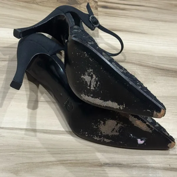St John Italian Pumps Pointed Toe Kitten Heels Black Lace Sparkle Women’s 8.5 - Image 4
