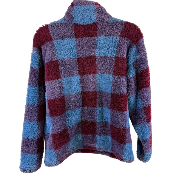 Eddie Bauer Plaid Blue Red Cozy Mock Neck 1/4 Zip Fleece Plush Pullover‎ Size M - Image 2