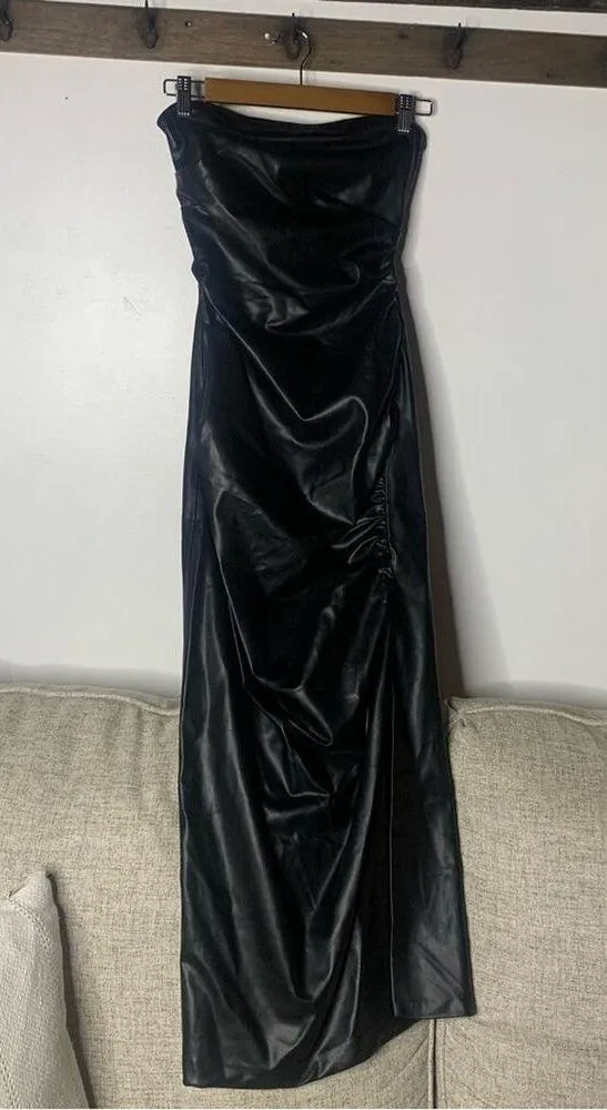 ZARA Faux Leather Strapless Black Dress NWT Size XS Midi Side Slit Zip Slimming - Image 7