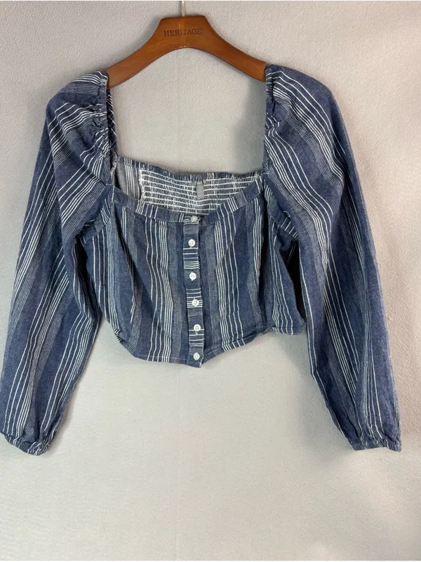 Charlotte Russe M Peasant Cotton Blue and White Striped Square-Neck Crop Top - Image 8