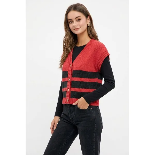 BiBi Game Day Theme Stripe Buttoned V Neck Knit Cardigan - Red/Black - Large - Image 3