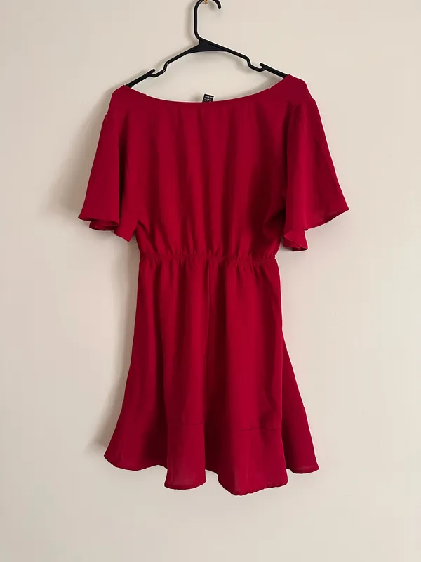 SheIn Red Flutter Sleeve Deep V Neck Fit & Flare Mini Dress L 8/10 - Image 3
