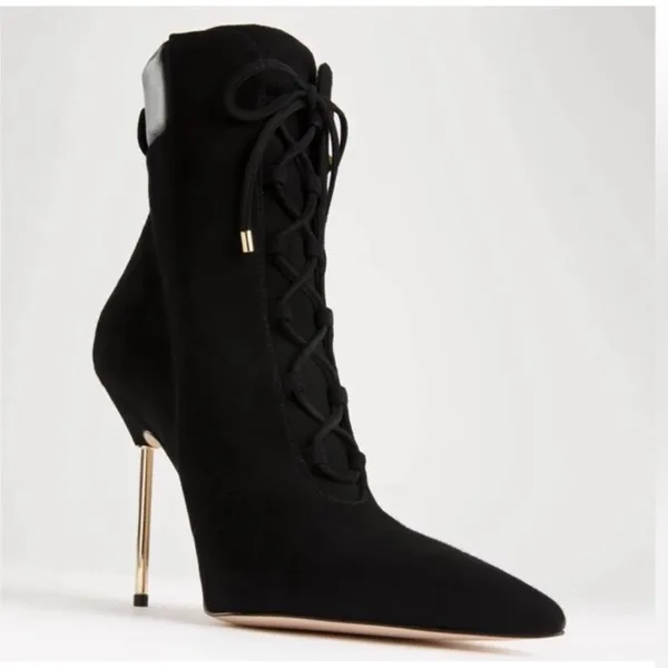 GOOD AMERICAN Black Suede Stiletto Lace Up Ankle Boot Bootie Hiking Size 5.5 New - Image 3