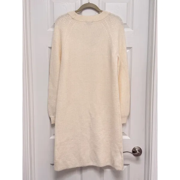 Ann Taylor Cream Ribbed Sweater Dress Raglan Balloon Sleeve Midi Ivory Size M - Image 4