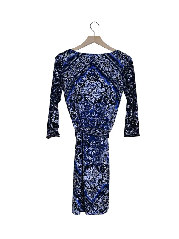 WHBM Women's XS Blue Black Blouson Patterned Keyhole Belted Mini Dress - Image 4