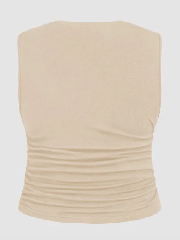 CIDER Beige Sleeveless High Neck Ruched Tank Top - Image 9