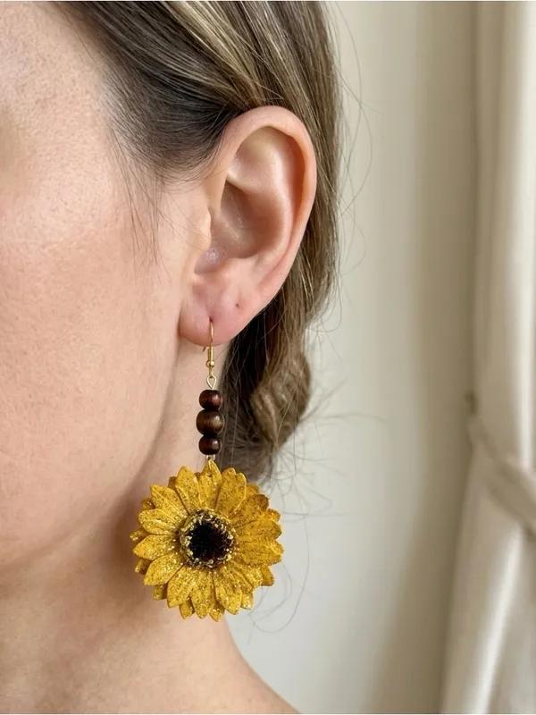 Handmade Handcrafted Boho Glitter Sunflower Dangle Earrings | Wood Bead Accents NEW - Image 2