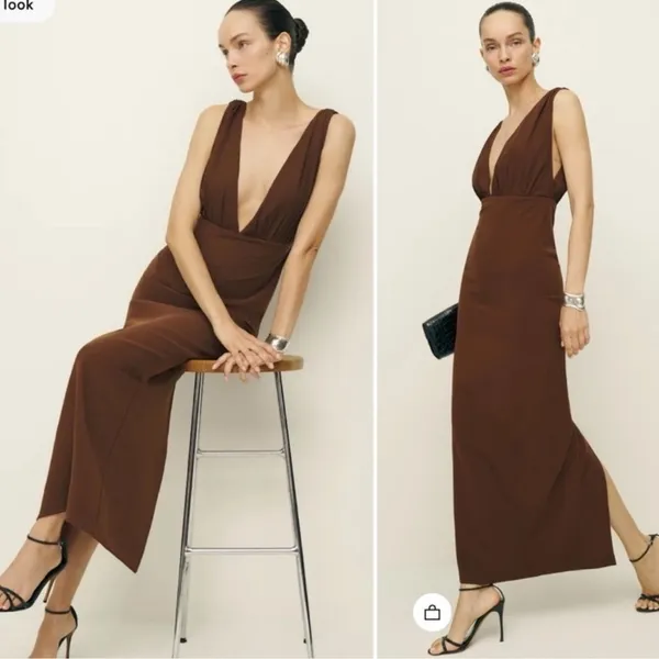 NEW Reformation Velda Deep V sleeveless midi Dress Brown Size 4 - Image 3