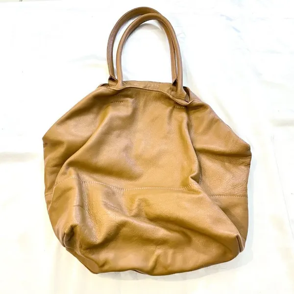 NewbarK Tan Leather Slouchy Oversized Tote Top Handle Bag Boho Luxe 90s Minimal - Image 2