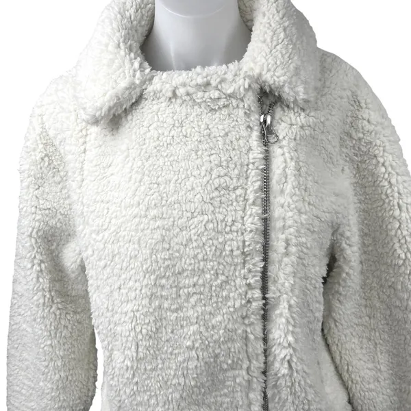 Urban Outfitters Clara Cream White Teddy Fleece Full Zip Moto Coat Jacket Size M - Image 3