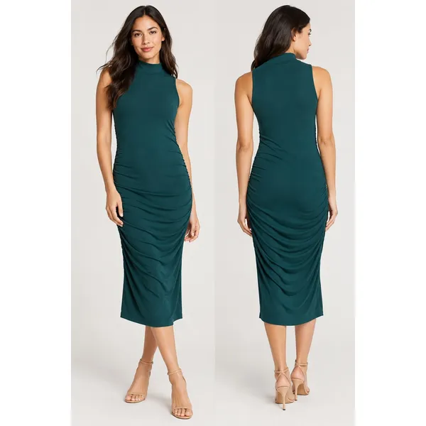 Halogen Ruched Midi Dress Womens Medium Teal New Mock Neck Sleeveless - Image 2