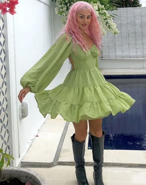 Princess Polly Green Danny Long Sleeve Open Back Tiered Fit & Flare Mini Dress 2 - Image 5
