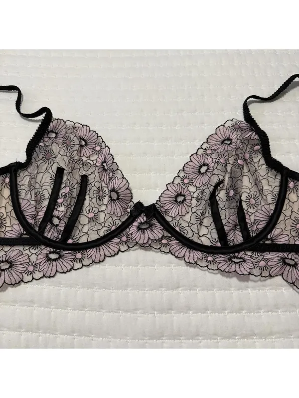 For Love and Lemons Coco Bra Unlined Floral Lace Black/Pink Bones Side Sz XL - Image 8