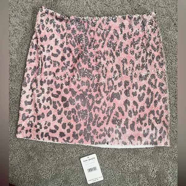Free People Pink Leopard Print Sequin Mini Skirt - Image 5