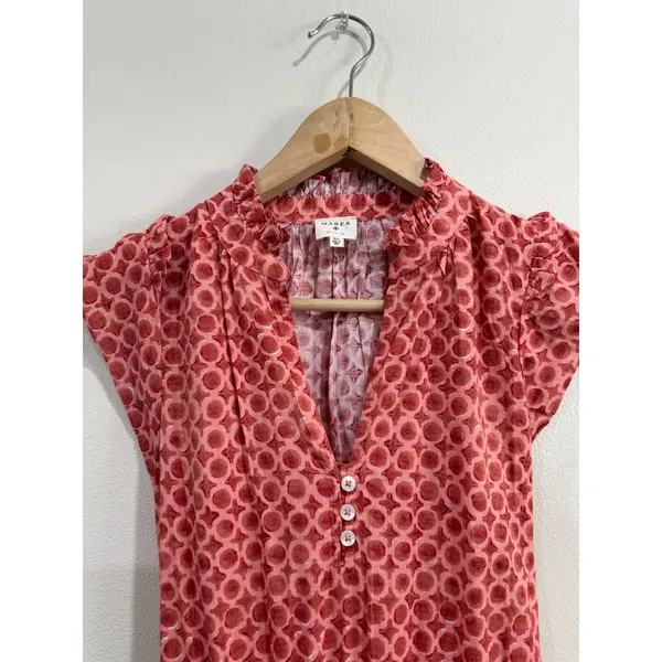 Marea by Liz Joy Liz Dress XS Coral Pink Geometric Cotton Smocked Mini Dress - Image 5