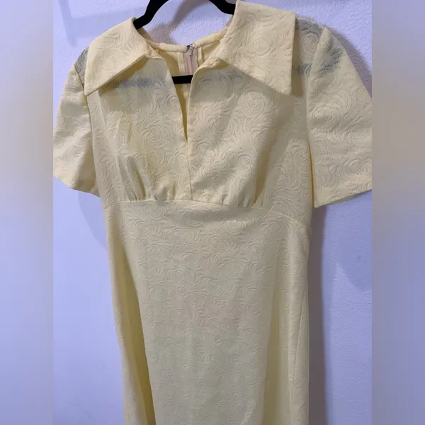 VINTAGE 60s Yellow Jacquard Empire Waist Mod Dress Large - Image 8