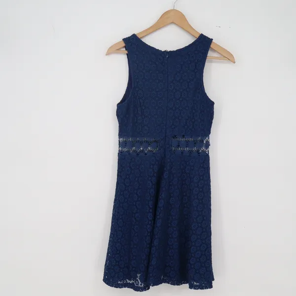 Iris Dress Womens L ID1670 Navy Blue Floral Lace Crochet Cutout Waist Excellent - Image 4