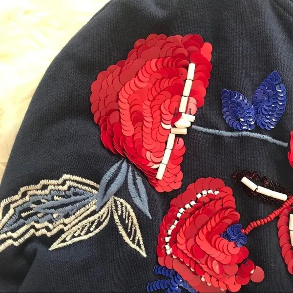PARKER Beaded Sequin Sweatshirt Floral Embroidered Long Sleeve Blue‎ Red XS New - Image 9