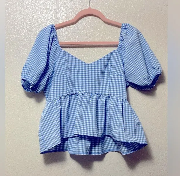 Blue Gingham Plaid Babydoll Puff Sleeve Blouse Top - Image 2