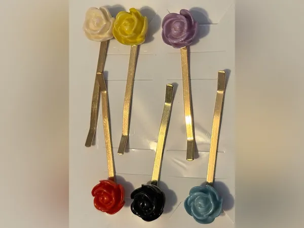 Gold Bobby Pins with Multicolor Rose Accents - Set of 6 - Image 4