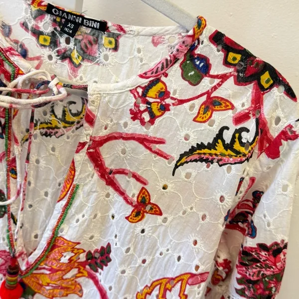 Gianni Bini 3/4 Sleeve Mini Dress‎ Babydoll Tassels Cotton Boho Floral Eyelet XS - Image 15