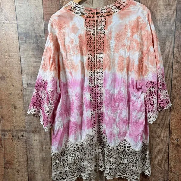 Democracy Tie Dye Crochet Kimono 1X Plus Lace Duster Swim Cover Up Pink Orange - Image 4